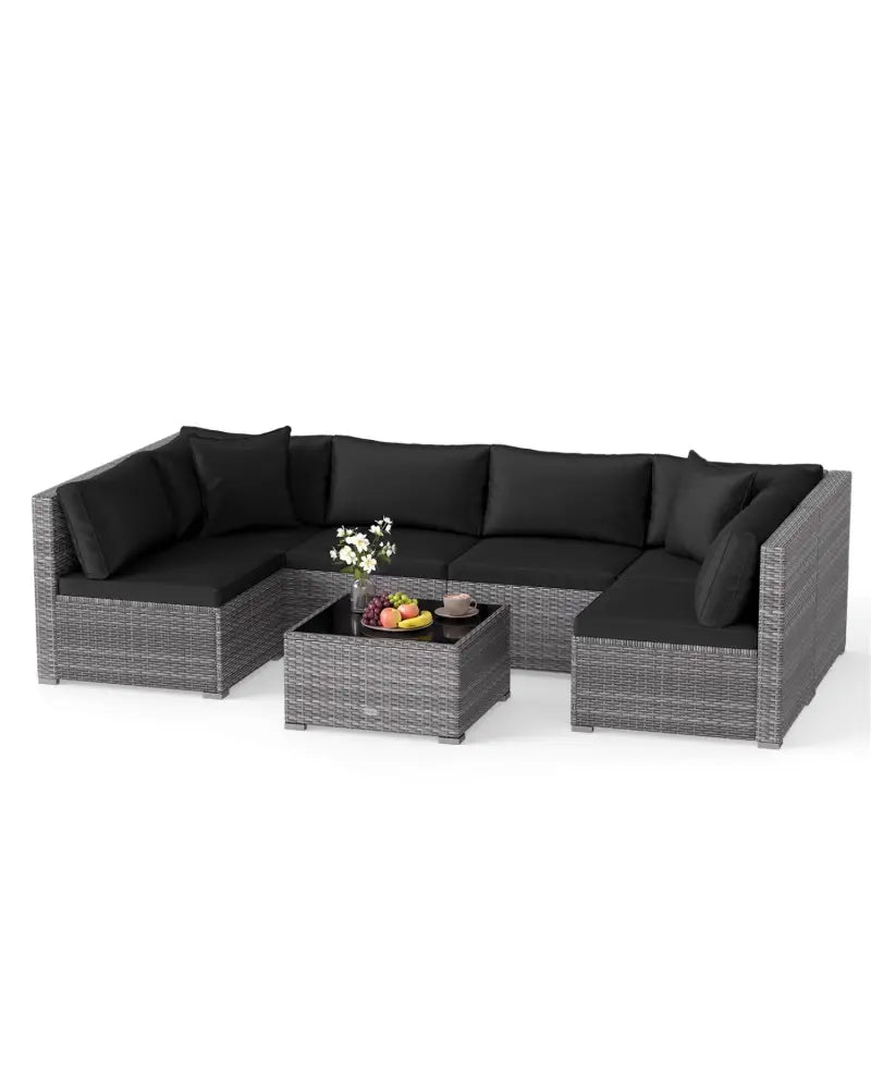 7 Pieces Patio Rattan Furniture Set with Sectional Sofa Cushioned-Black - Black - Outdoor Sectionals