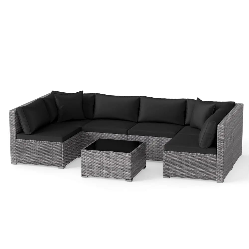 7 Pieces Patio Rattan Furniture Set with Sectional Sofa Cushioned-Black - Black - Outdoor Sectionals