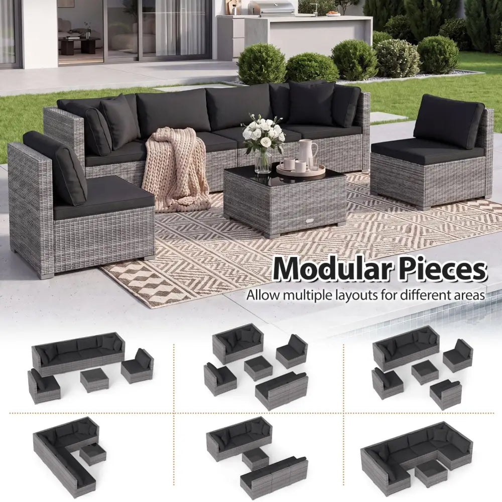 7 Pieces Patio Rattan Furniture Set with Sectional Sofa Cushioned-Black - Black - Outdoor Sectionals