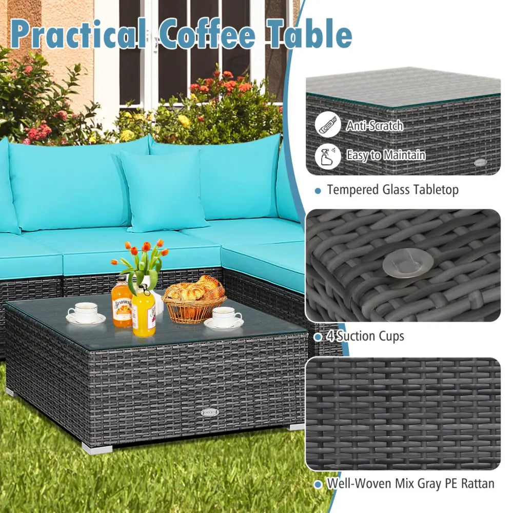 7 Pieces Patio Rattan Furniture Set with Sectional Sofa Cushioned-Turquoise - Turquoise - Outdoor Sectionals