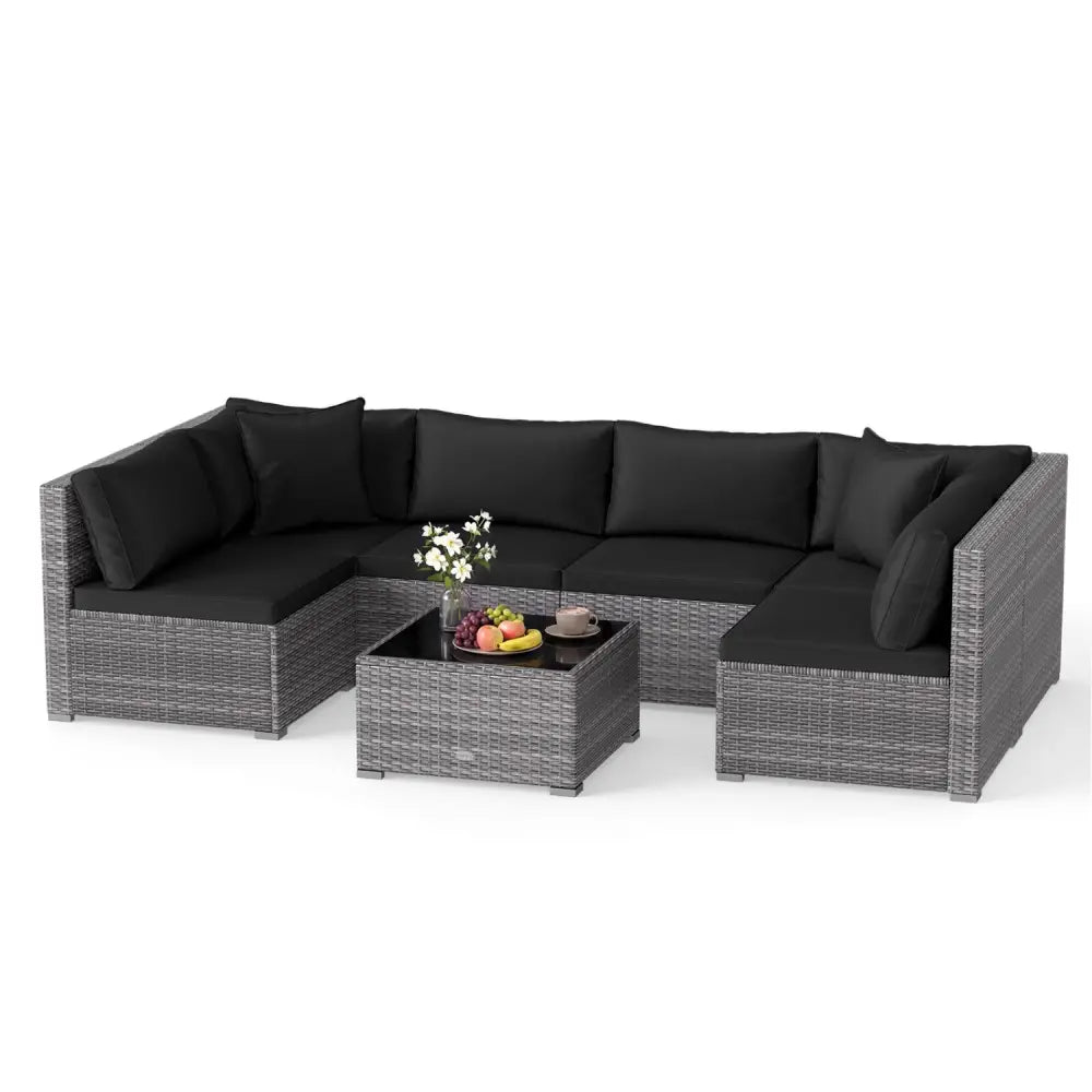 7 Pieces Patio Rattan Furniture Set with Sectional Sofa Cushioned-Black - Black - Outdoor Sectionals