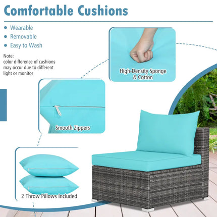 7 Pieces Patio Rattan Furniture Set with Sectional Sofa Cushioned-Turquoise - Turquoise - Outdoor Sectionals