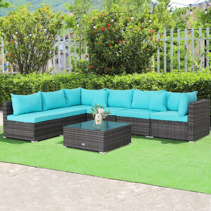 7 Pieces Patio Rattan Furniture Set with Sectional Sofa Cushioned-Turquoise - Turquoise - Outdoor Sectionals