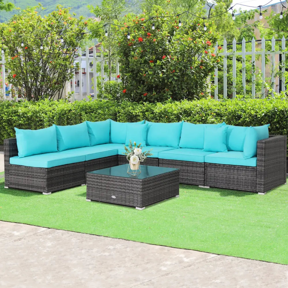 7 Pieces Patio Rattan Furniture Set with Sectional Sofa Cushioned-Turquoise - Turquoise - Outdoor Sectionals