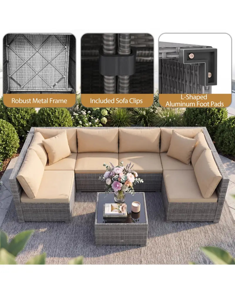 7 Pieces Patio Rattan Furniture Set with Sectional Sofa Cushioned-Beige - Beige - Outdoor Sectionals