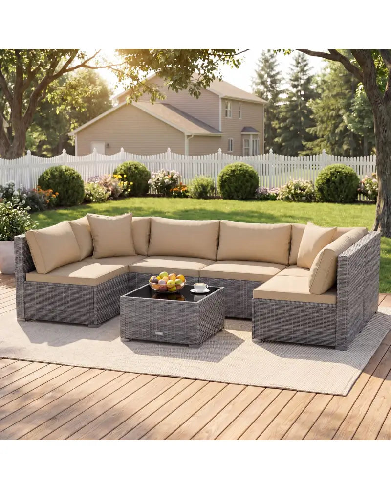 7 Pieces Patio Rattan Furniture Set with Sectional Sofa Cushioned-Beige - Beige - Outdoor Sectionals