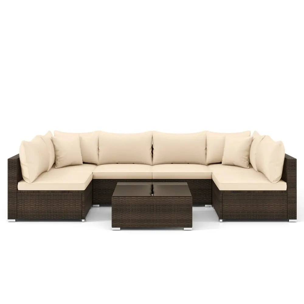7 Pieces Patio Rattan Furniture Set with Sectional Sofa Cushions-Beige - Beige - Outdoor Sectionals