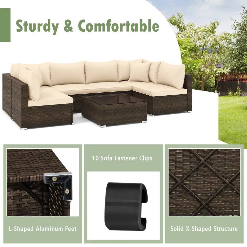7 Pieces Patio Rattan Furniture Set with Sectional Sofa Cushions-Beige - Beige - Outdoor Sectionals