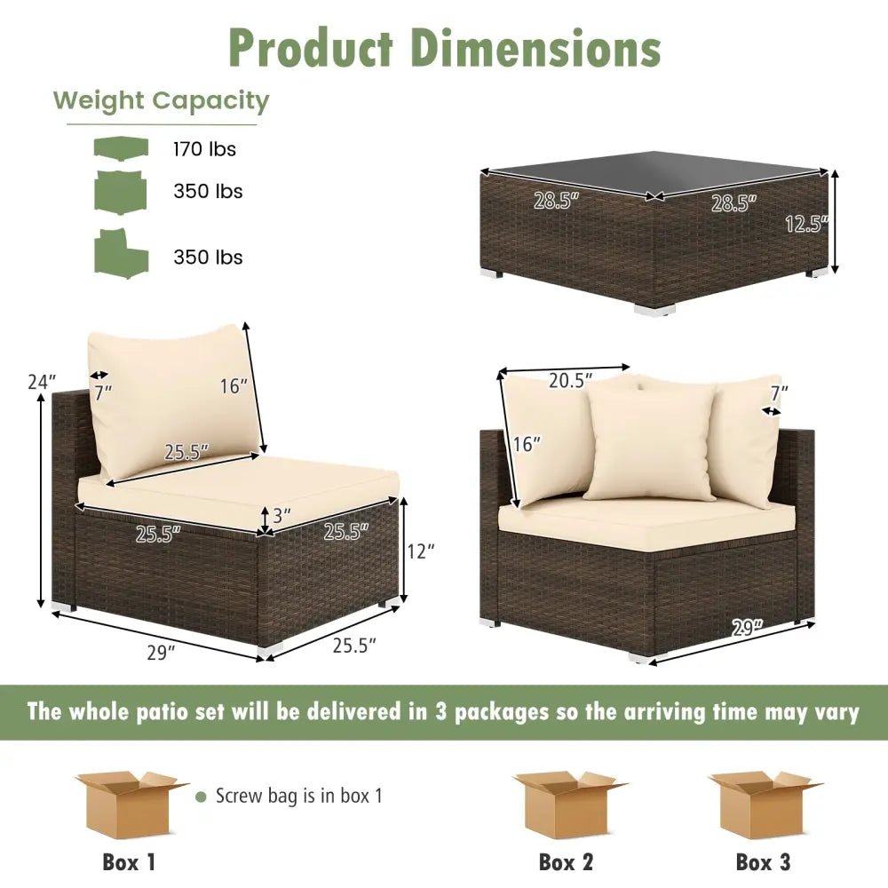 7 Pieces Patio Rattan Furniture Set with Sectional Sofa Cushions-Beige - Beige - Outdoor Sectionals
