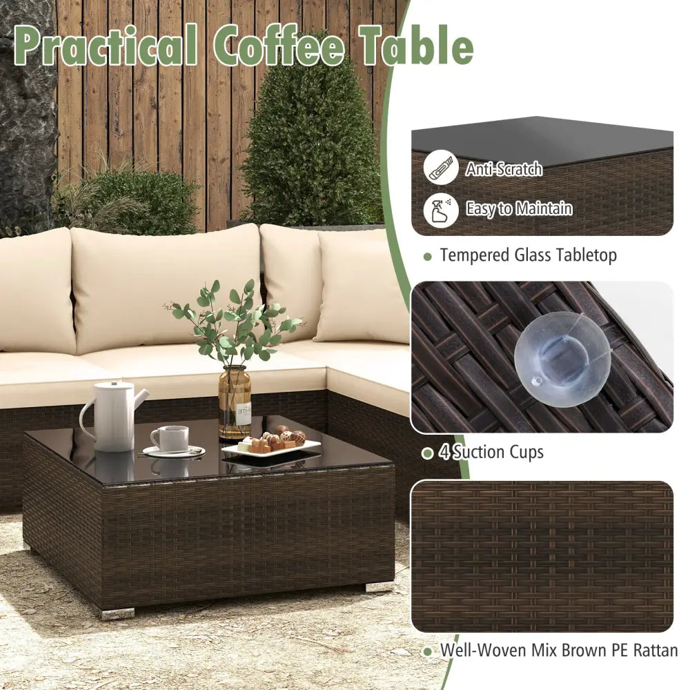 7 Pieces Patio Rattan Furniture Set with Sectional Sofa Cushions-Beige - Beige - Outdoor Sectionals