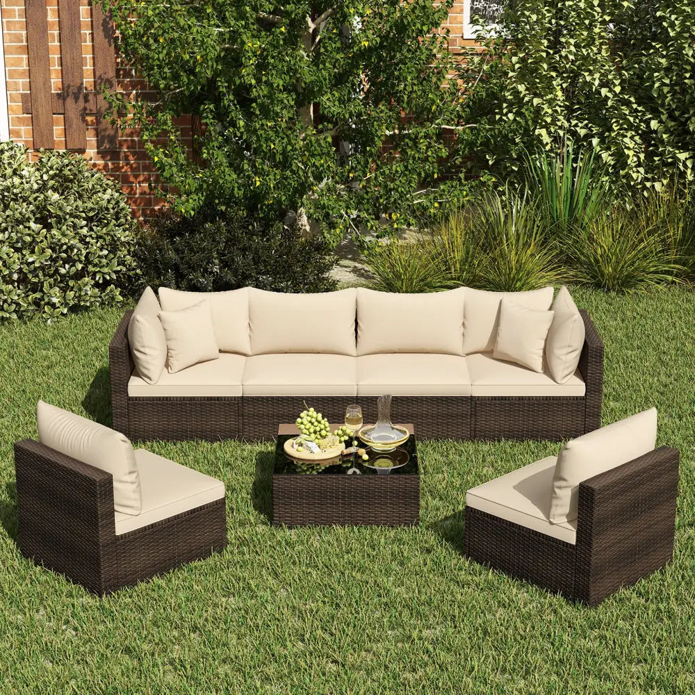 7 Pieces Patio Rattan Furniture Set with Sectional Sofa Cushions-Beige - Beige - Outdoor Sectionals