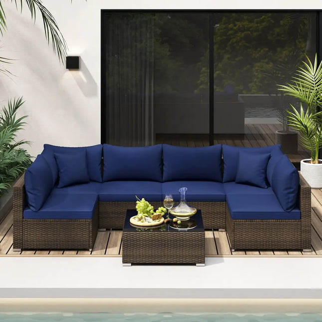 7 Pieces Patio Rattan Furniture Set with Sectional Sofa Cushions-Navy - Navy - Outdoor Sectionals