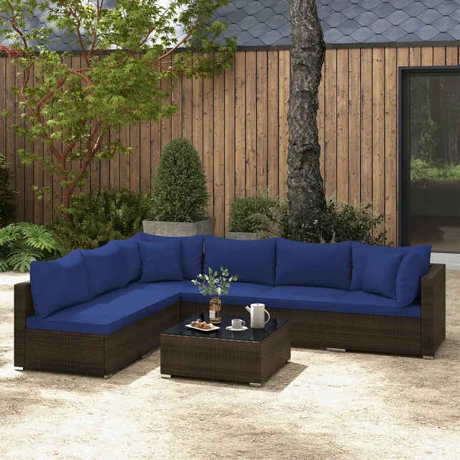 7 Pieces Patio Rattan Furniture Set with Sectional Sofa Cushions-Navy - Navy - Outdoor Sectionals