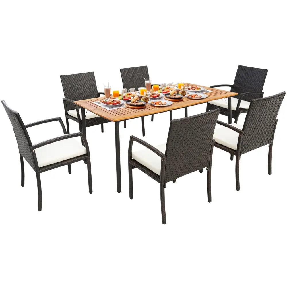 7 Pieces Patio Wicker Cushioned Dining Set with Umbrella Hole - Natural - Patio Dining Sets