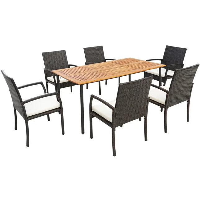 7 Pieces Patio Wicker Cushioned Dining Set with Umbrella Hole - Natural - Patio Dining Sets