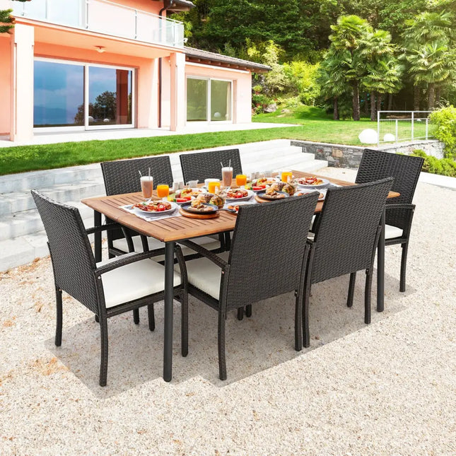 7 Pieces Patio Wicker Cushioned Dining Set with Umbrella Hole - Natural - Patio Dining Sets