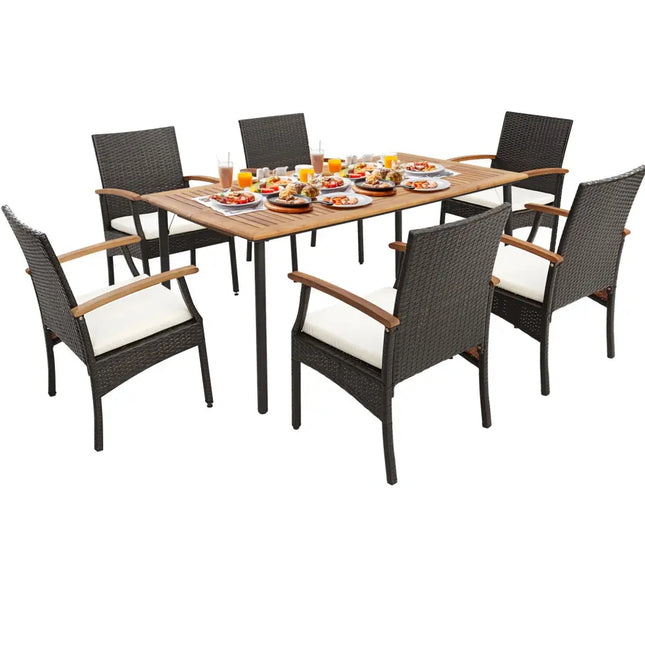 7 Pieces Patio Wicker Cushioned Dining Set with Wood Armrest and Umbrella Hole - Natural - Patio Dining Sets