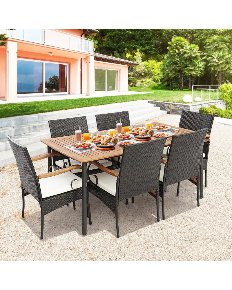 7 Pieces Patio Wicker Dining Set with Detachable Cushion and Umbrella Hole - Natural - Patio Dining Sets