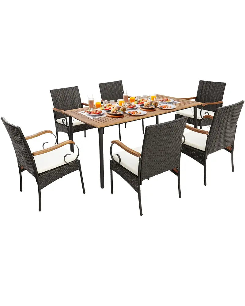 7 Pieces Patio Wicker Dining Set with Detachable Cushion and Umbrella Hole - Natural - Patio Dining Sets