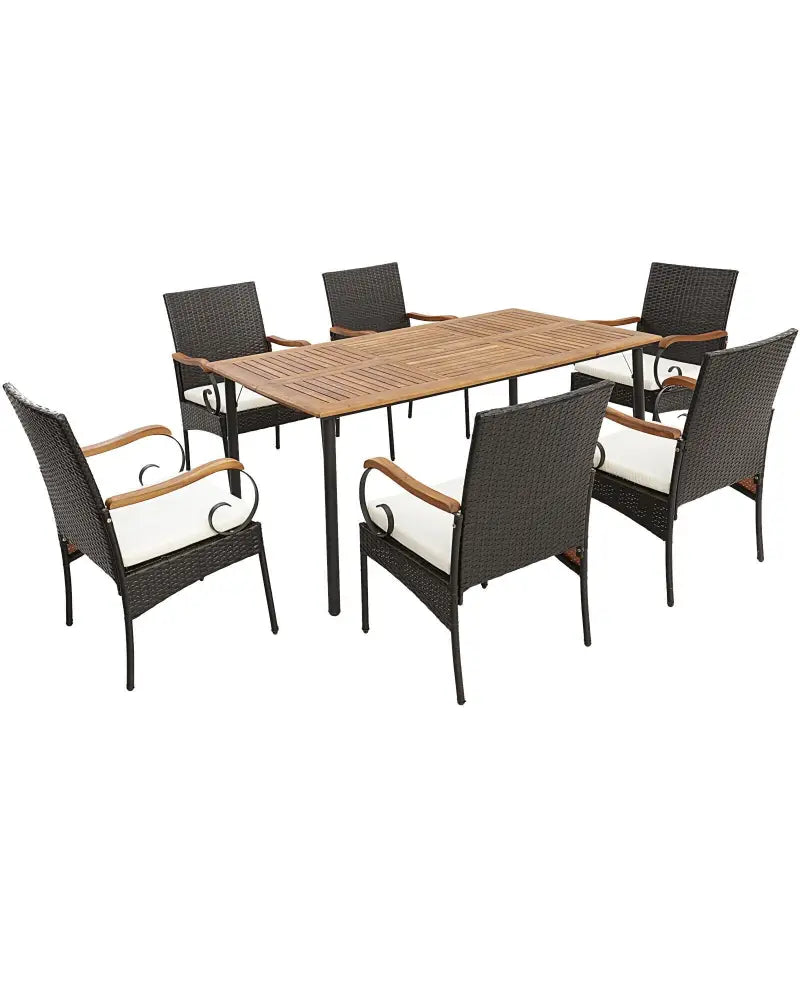 7 Pieces Patio Wicker Dining Set with Detachable Cushion and Umbrella Hole - Natural - Patio Dining Sets