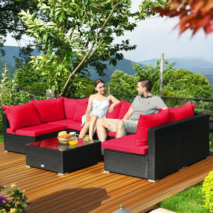 7 Pieces Sectional Wicker Furniture Sofa Set with Tempered Glass Top-Red - Red - Outdoor Sectionals