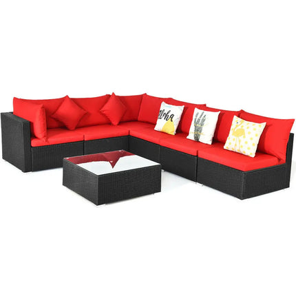 7 Pieces Sectional Wicker Furniture Sofa Set with Tempered Glass Top-Red - Red - Outdoor Sectionals
