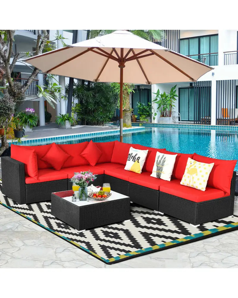 7 Pieces Sectional Wicker Furniture Sofa Set with Tempered Glass Top-Red - Red - Outdoor Sectionals