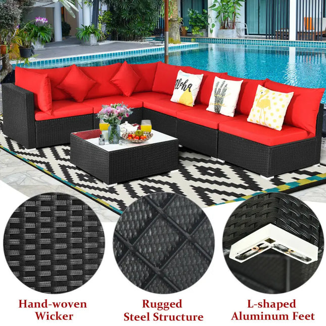 7 Pieces Sectional Wicker Furniture Sofa Set with Tempered Glass Top-Red - Red - Outdoor Sectionals