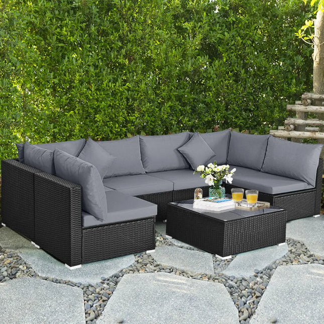 7 Pieces Sectional Wicker Furniture Sofa Set with Tempered Glass Top Coffee Table-Gray - Gray - Outdoor Sectionals