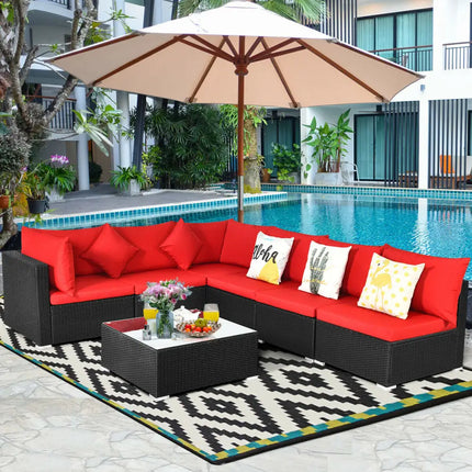 7 Pieces Sectional Wicker Furniture Sofa Set with Tempered Glass Top-Red - Red - Outdoor Sectionals