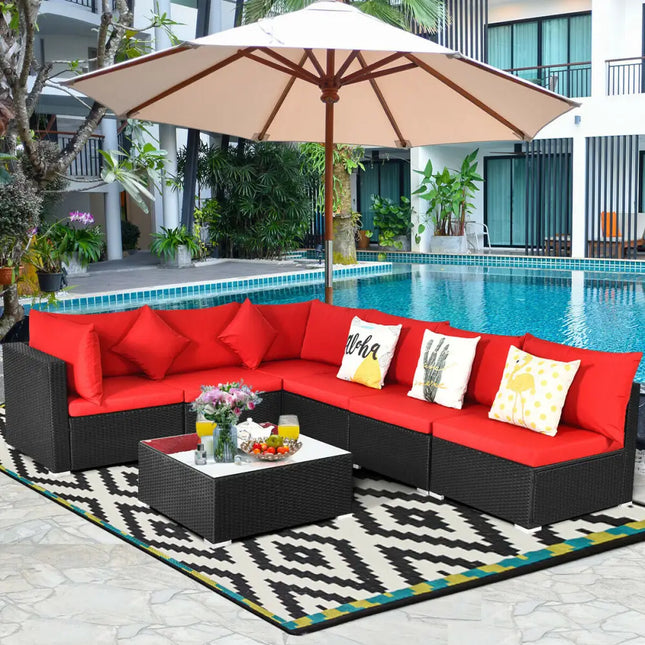 7 Pieces Sectional Wicker Furniture Sofa Set with Tempered Glass Top-Red - Red - Outdoor Sectionals