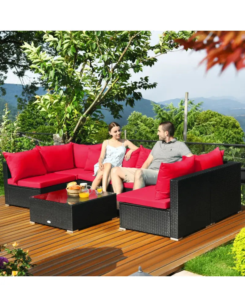 7 Pieces Sectional Wicker Furniture Sofa Set with Tempered Glass Top-Red - Red - Outdoor Sectionals