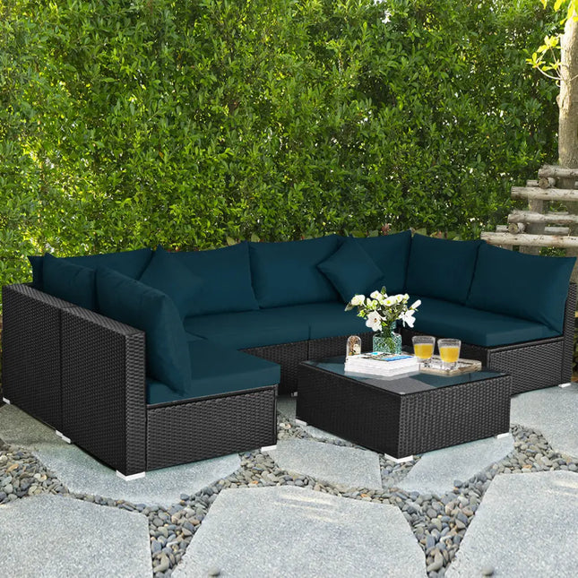 7 Pieces Sectional Wicker Furniture Sofa Set with Tempered Glass Top-Peacock Blue - Peacock Blue - Outdoor Sectionals