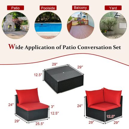 7 Pieces Sectional Wicker Furniture Sofa Set with Tempered Glass Top-Red - Red - Outdoor Sectionals