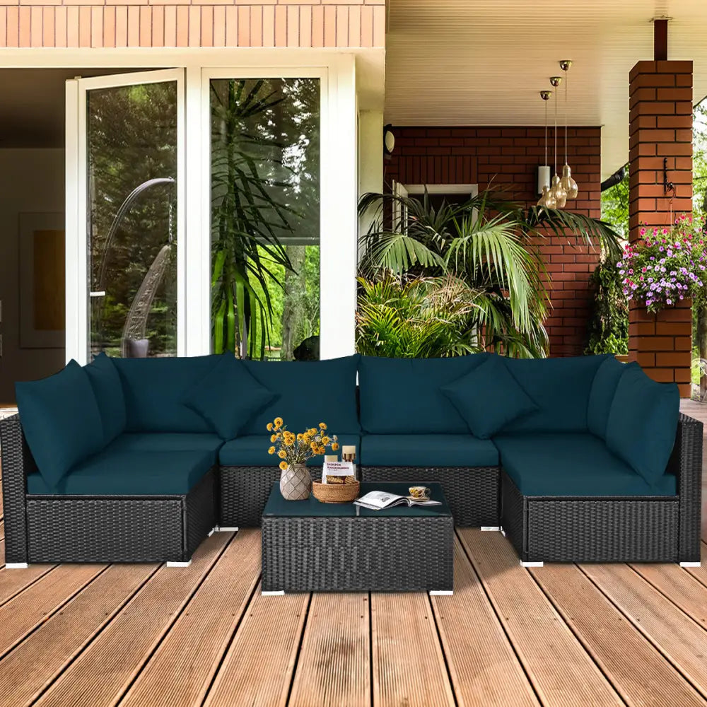 7 Pieces Sectional Wicker Furniture Sofa Set with Tempered Glass Top-Peacock Blue - Peacock Blue - Outdoor Sectionals