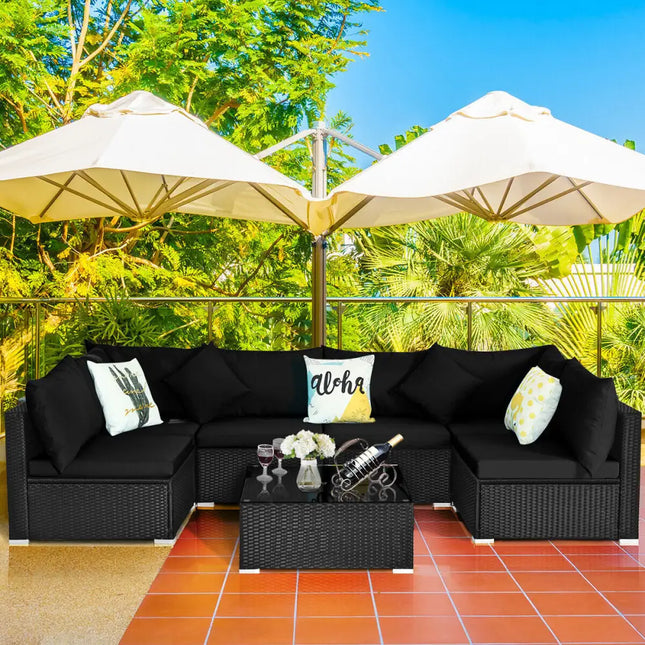 7 Pieces Sectional Wicker Furniture Sofa Set with Tempered Glass Top-Black & White - Black & White - Outdoor Sectionals
