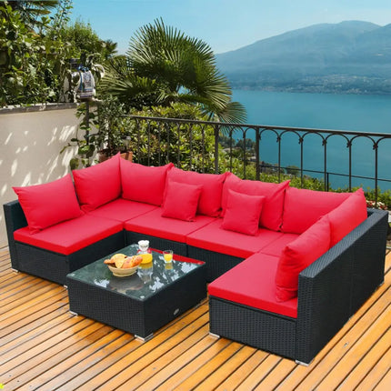 7 Pieces Sectional Wicker Furniture Sofa Set with Tempered Glass Top-Red - Red - Outdoor Sectionals