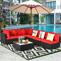 7 Pieces Sectional Wicker Furniture Sofa Set with Tempered Glass Top-Red - Red - Outdoor Sectionals