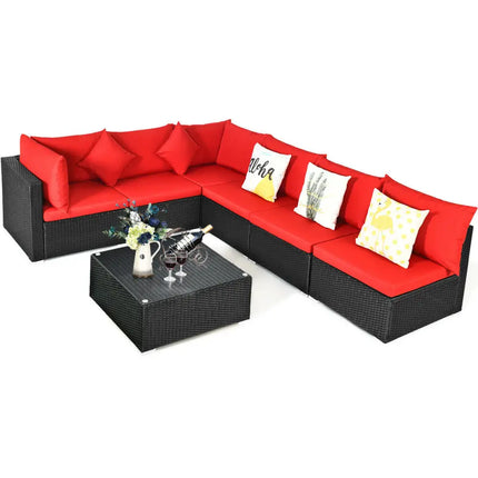 7 Pieces Sectional Wicker Furniture Sofa Set with Tempered Glass Top-Red - Red - Outdoor Sectionals