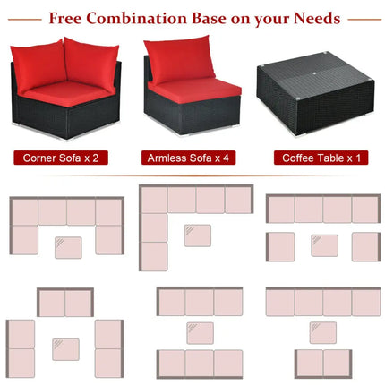 7 Pieces Sectional Wicker Furniture Sofa Set with Tempered Glass Top-Red - Red - Outdoor Sectionals