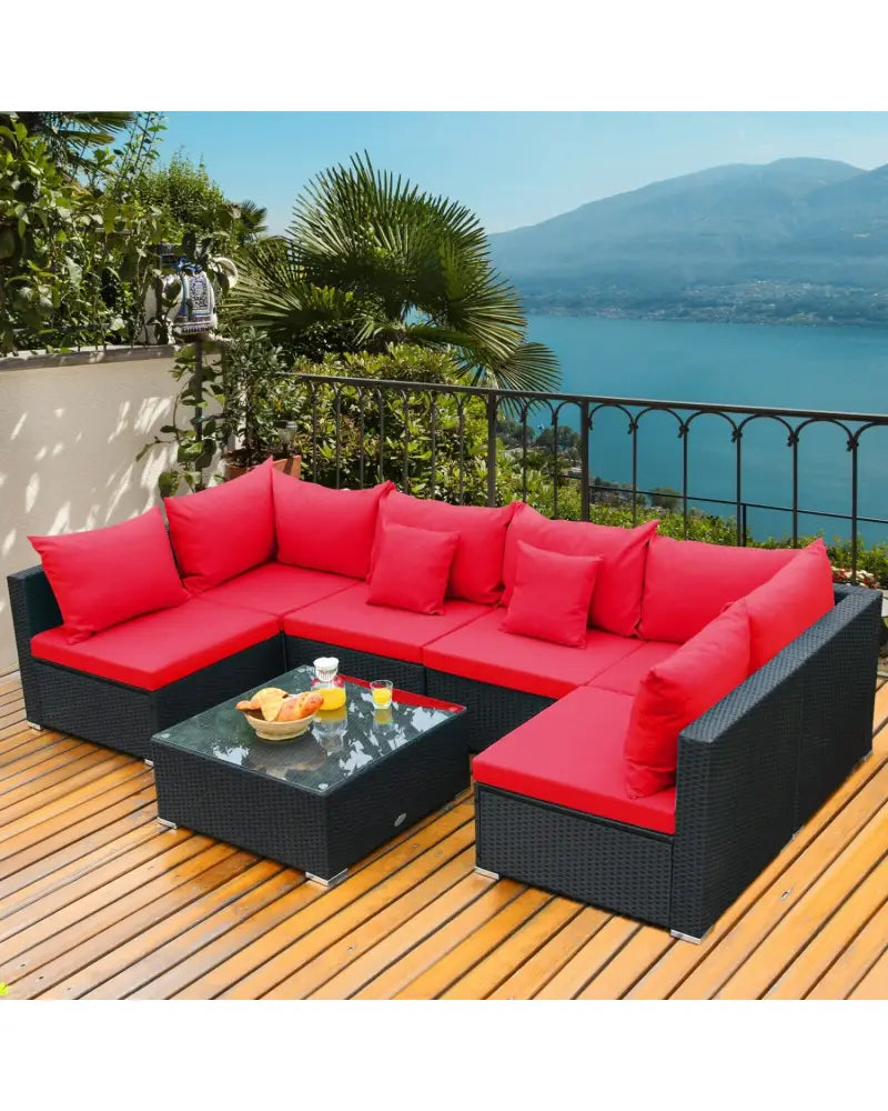 7 Pieces Sectional Wicker Furniture Sofa Set with Tempered Glass Top-Red - Red - Outdoor Sectionals