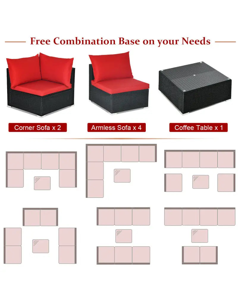7 Pieces Sectional Wicker Furniture Sofa Set with Tempered Glass Top-Red - Red - Outdoor Sectionals