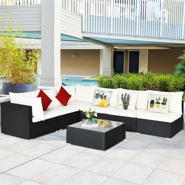 7 Pieces Sectional Wicker Furniture Sofa Set with Tempered Glass Top-Gray & Off White - Gray & Off White - Outdoor