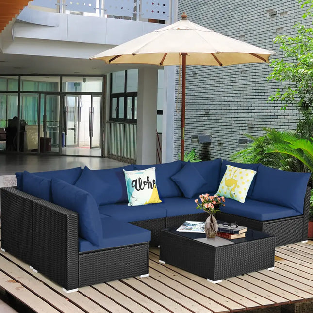7 Pieces Sectional Wicker Furniture Sofa Set with Tempered Glass Top-Off White & Navy - Navy & Off White - Outdoor