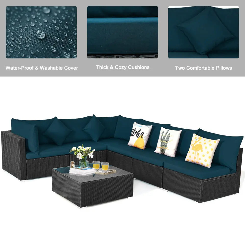7 Pieces Sectional Wicker Furniture Sofa Set with Tempered Glass Top-Peacock Blue - Peacock Blue - Outdoor Sectionals