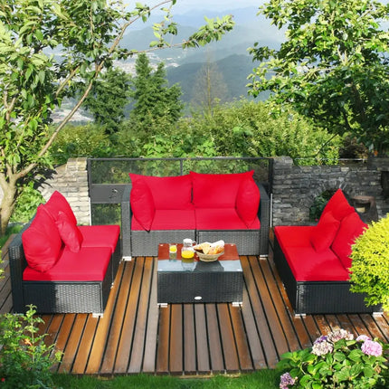 7 Pieces Sectional Wicker Furniture Sofa Set with Tempered Glass Top-Red - Red - Outdoor Sectionals
