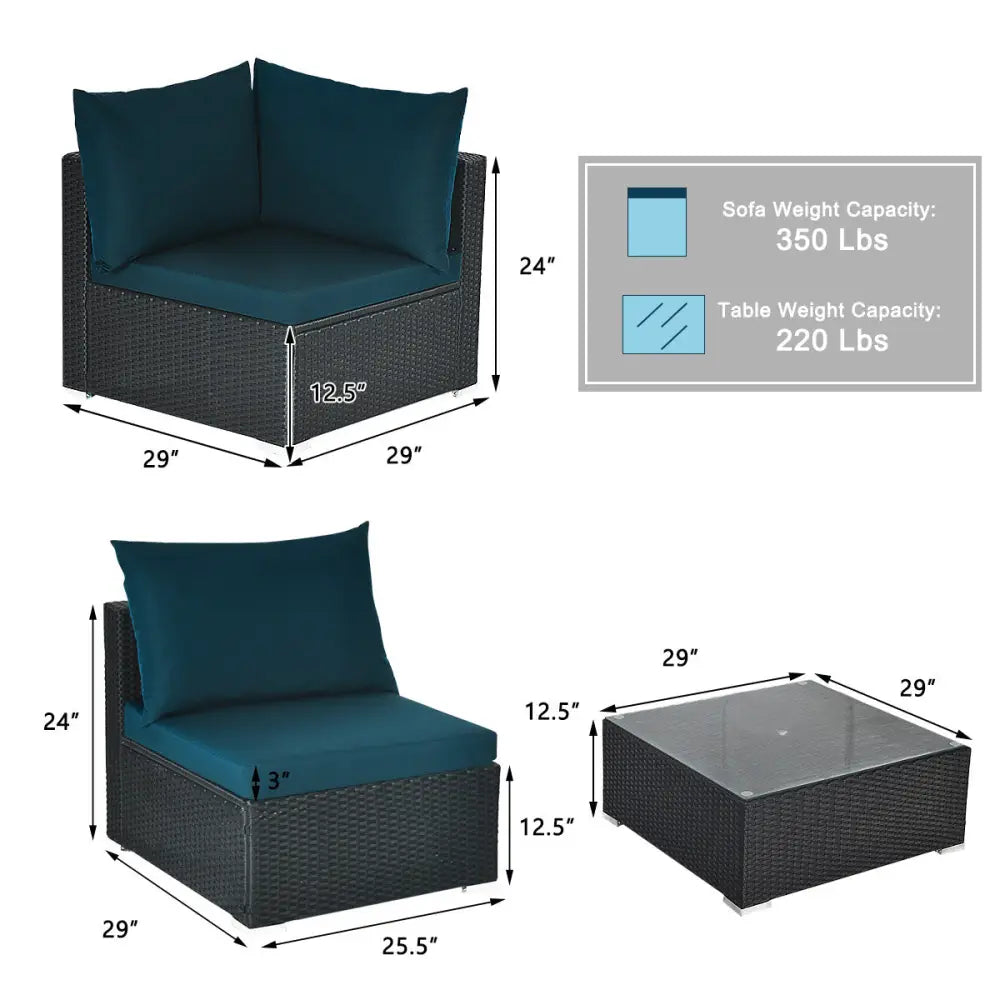 7 Pieces Sectional Wicker Furniture Sofa Set with Tempered Glass Top-Peacock Blue - Peacock Blue - Outdoor Sectionals