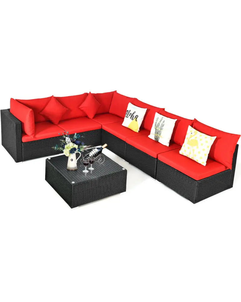 7 Pieces Sectional Wicker Furniture Sofa Set with Tempered Glass Top-Red - Red - Outdoor Sectionals