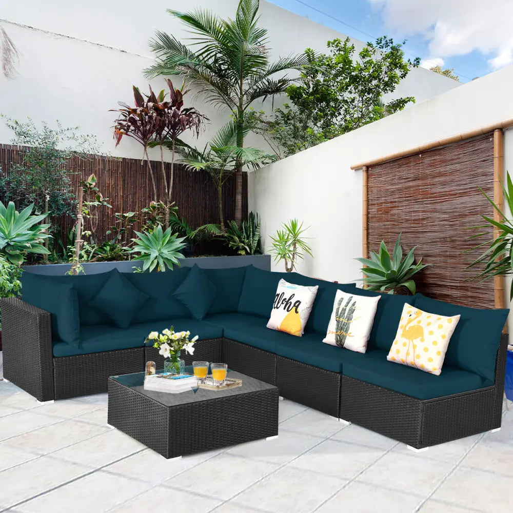 7 Pieces Sectional Wicker Furniture Sofa Set with Tempered Glass Top-Peacock Blue - Peacock Blue - Outdoor Sectionals