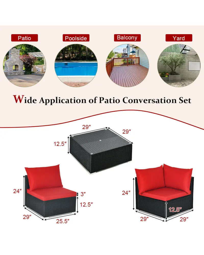7 Pieces Sectional Wicker Furniture Sofa Set with Tempered Glass Top-Red - Red - Outdoor Sectionals